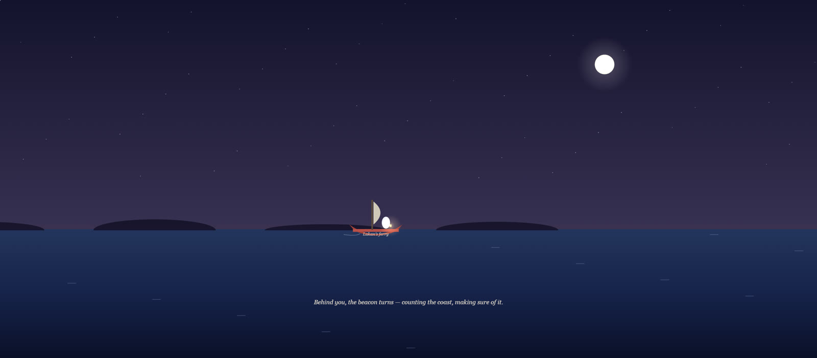 A small red ferry crossing moonlit water