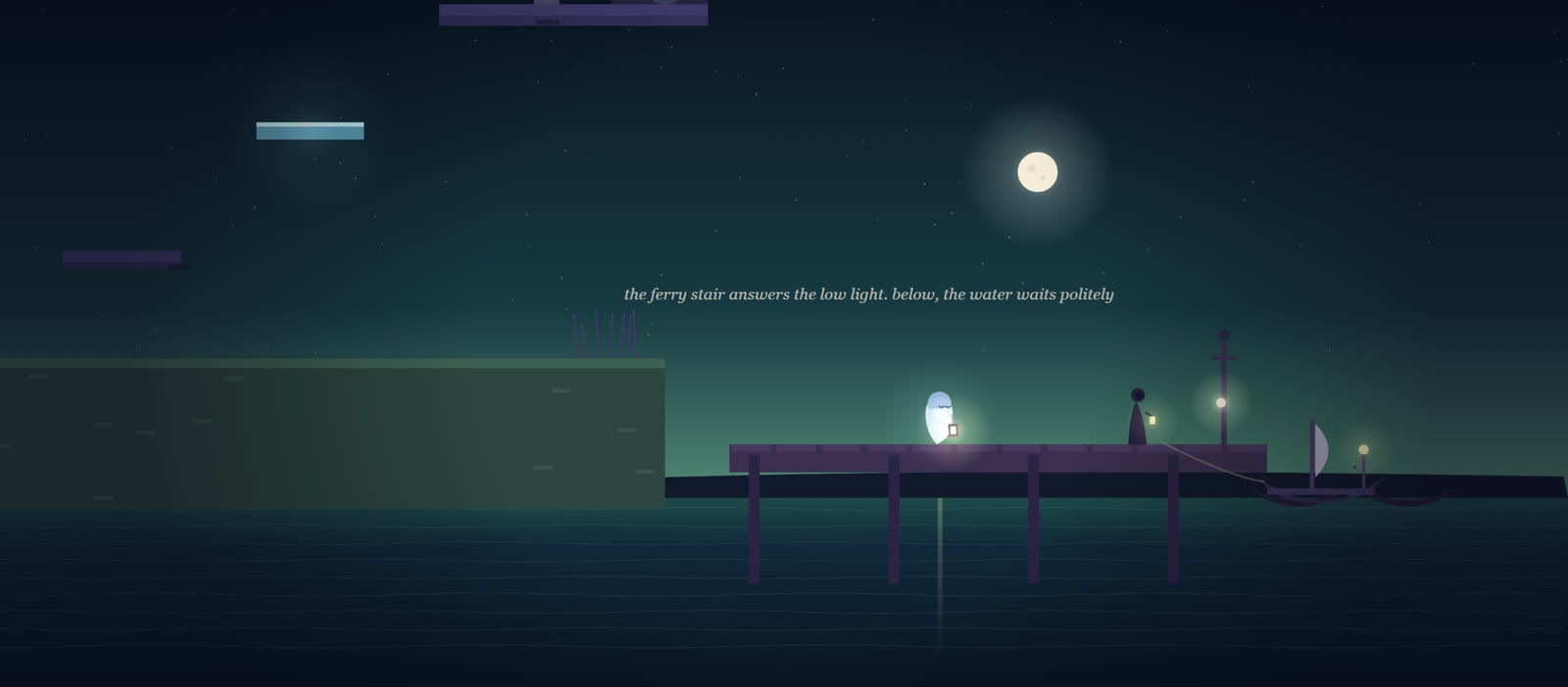 The ferry pier at night, a ferryman waiting with a lantern